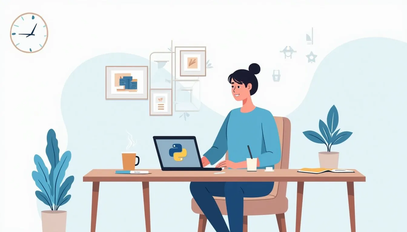 Minimalist illustration of a person working in a modern home office.