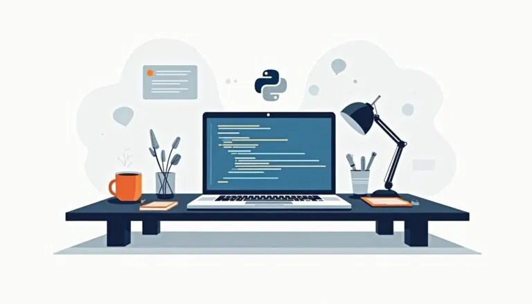 A desk with a laptop displaying code, a Python logo on the wall, a desk lamp, coffee mug, notepads, and stationery arranged neatly.