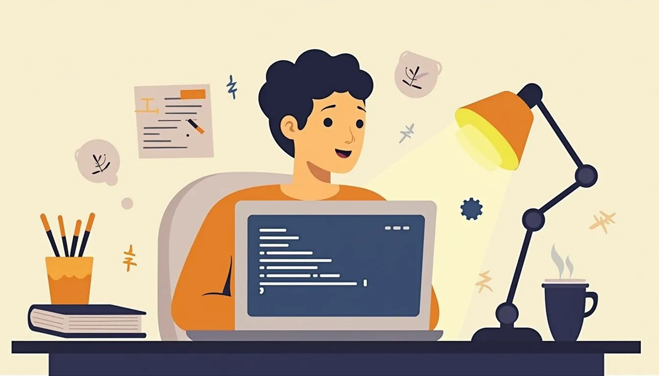 Illustration of a person sitting at a desk with a laptop, lamp, coffee cup, and stationary items, appearing to work or study in a home office environment.