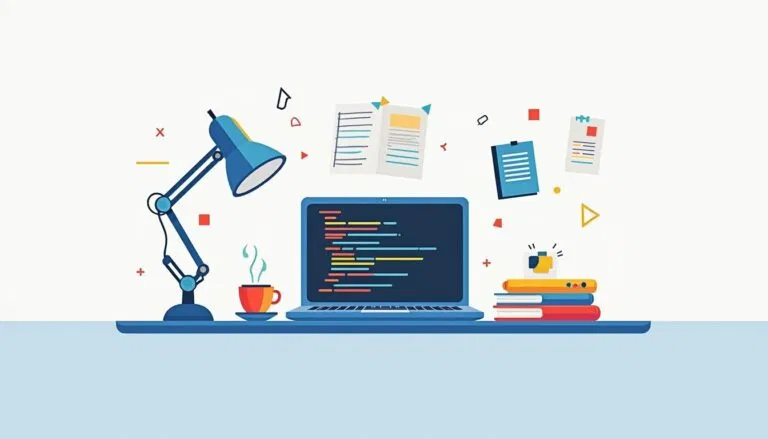 A desk with a laptop displaying code, a desk lamp, a cup of coffee, stacked books, and floating documents and icons above the workspace.