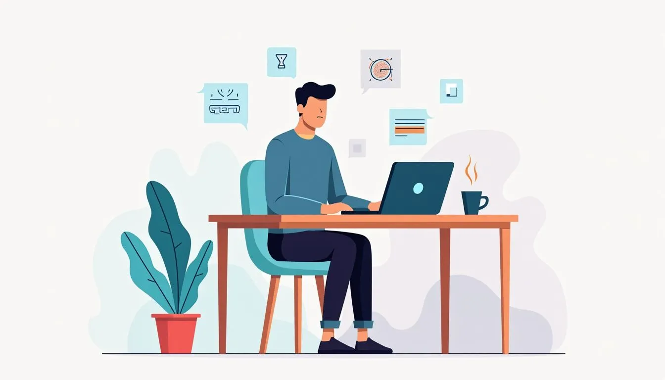 A man works on a laptop at a minimalist desk. A man works on a laptop at a minimalist desk.