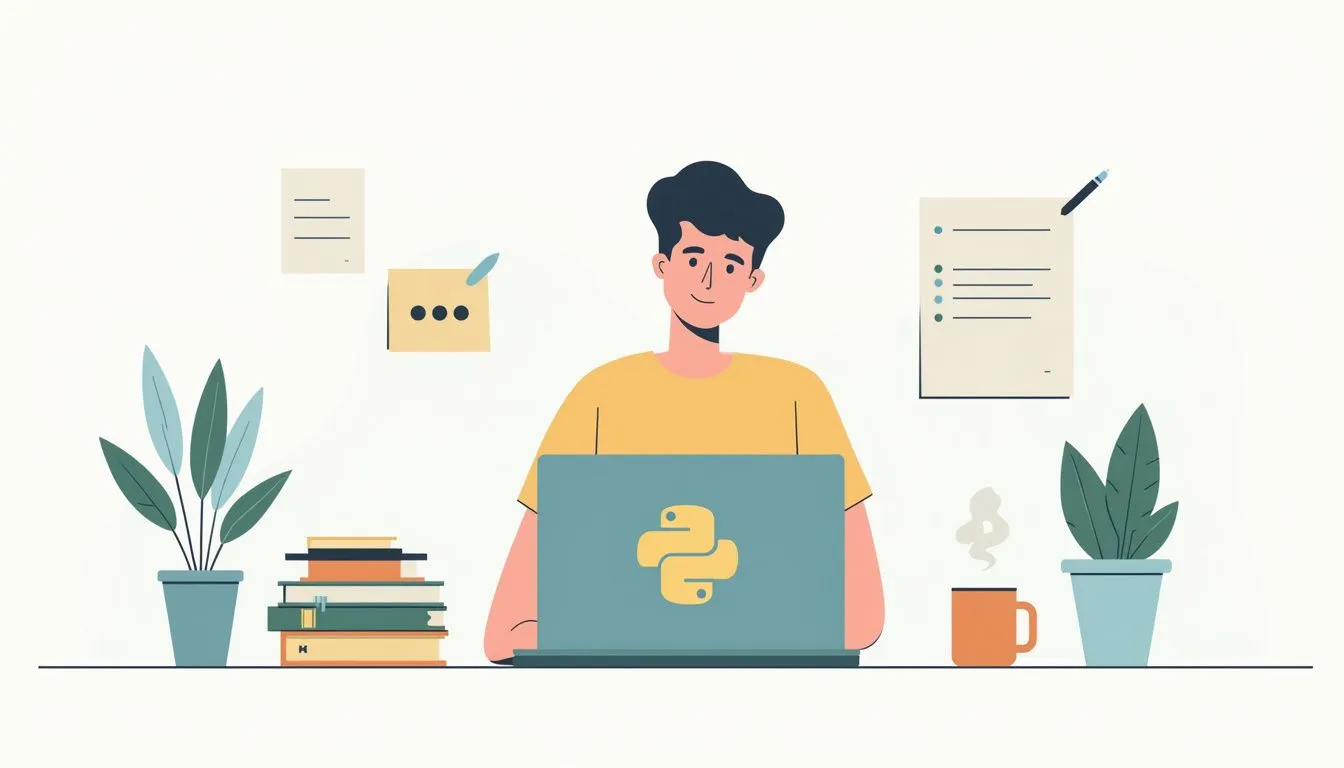 Minimalist workspace featuring a laptop, books, notepad, and coffee mug. Minimalist workspace featuring a laptop, books, notepad, and coffee mug.