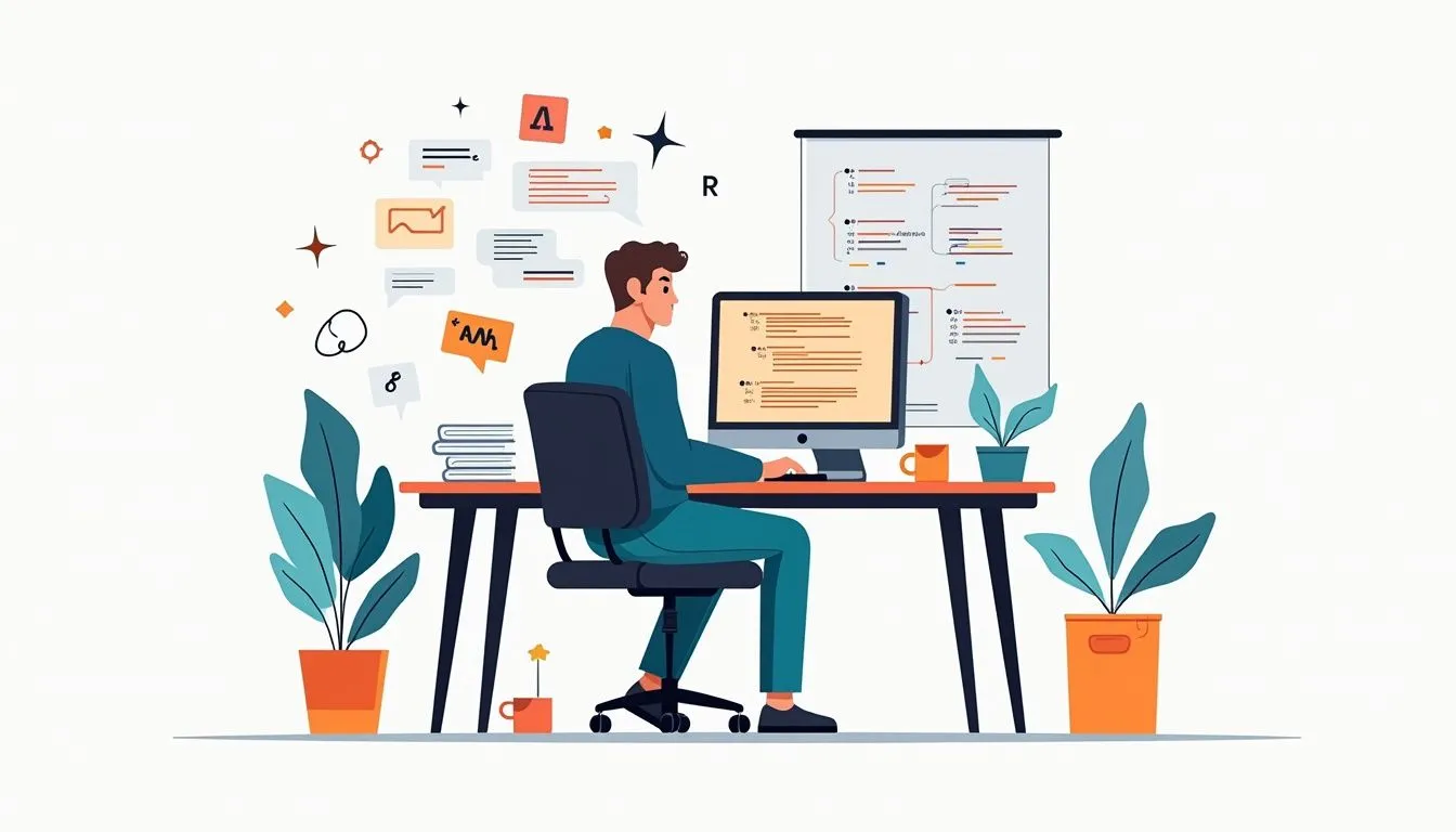 A programmer at a cluttered desk with minimalist design elements.