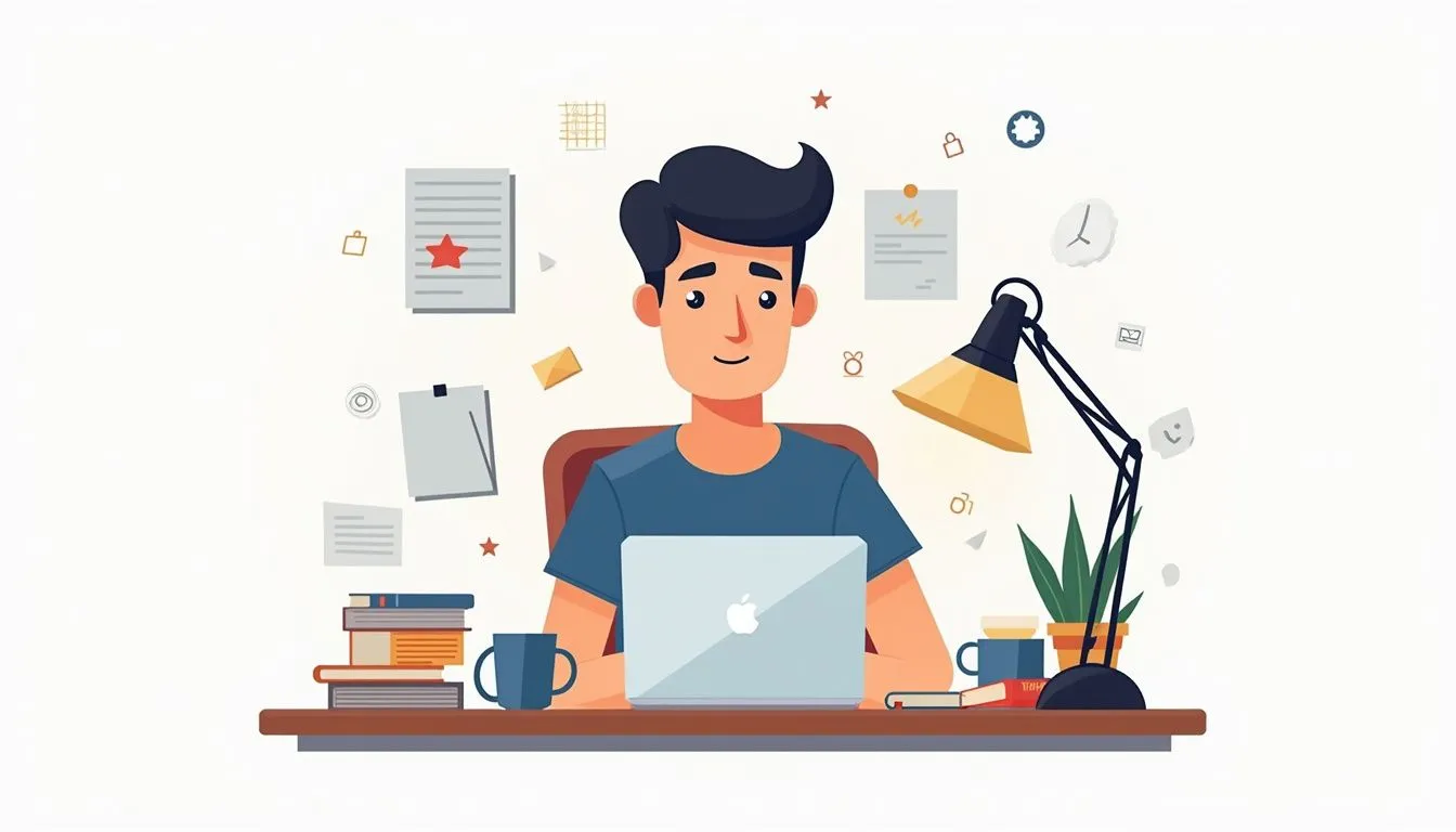 Flat illustration of a focused young adult coding at a cluttered desk. Flat illustration of a focused young adult coding at a cluttered desk.