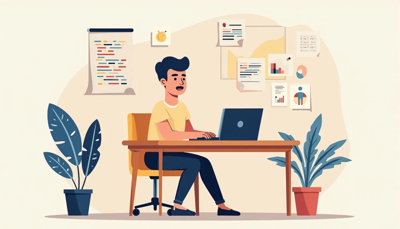 Minimalist illustration of a person coding at a wooden desk. Minimalist illustration of a person coding at a wooden desk.