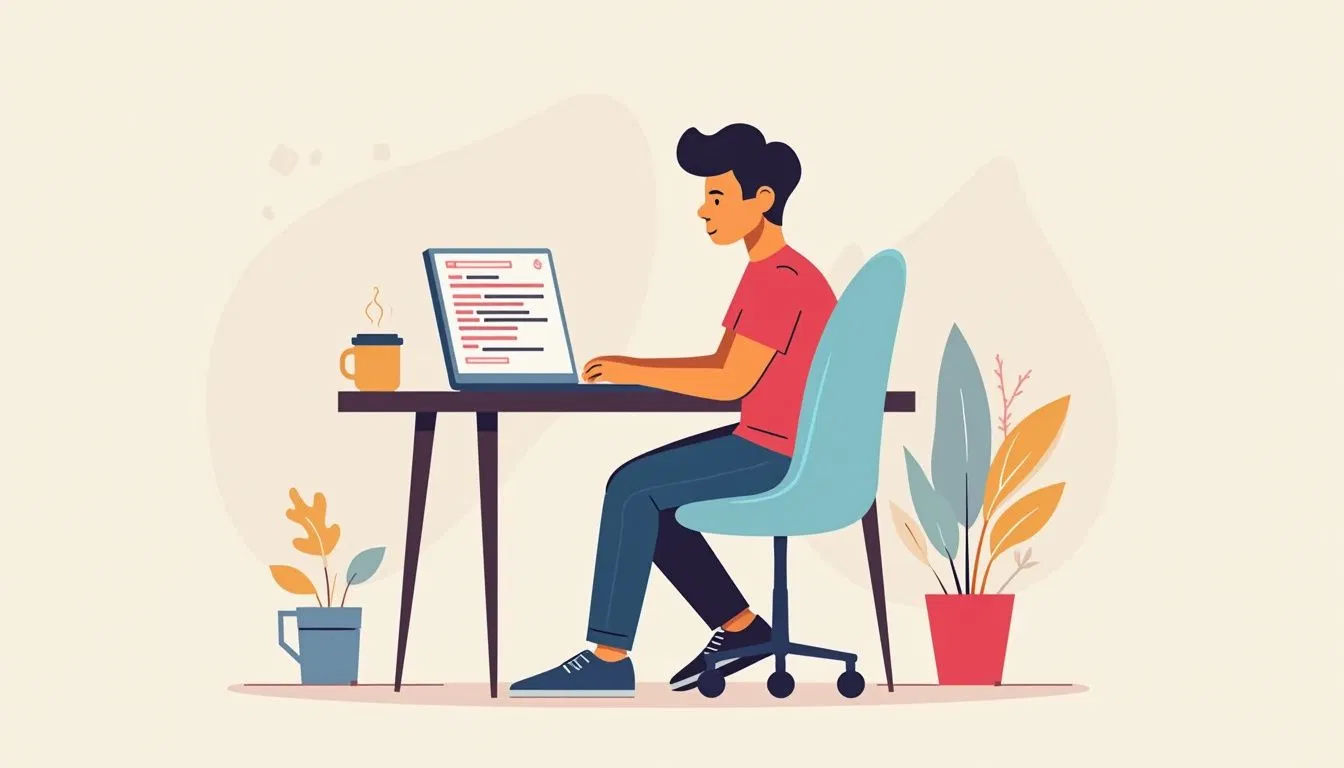 Flat vector illustration of a focused person working on a laptop.