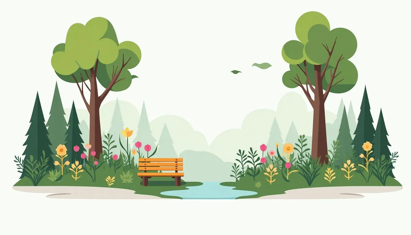 Flat vector illustration of a tranquil forest scene with vibrant flowers. Flat vector illustration of a tranquil forest scene with vibrant flowers.