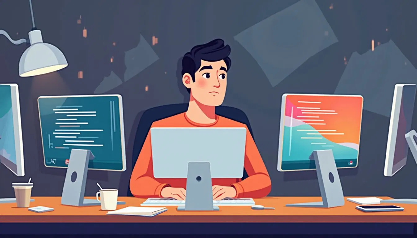 Focused man at a cluttered desk with tech gadgets and code screens.