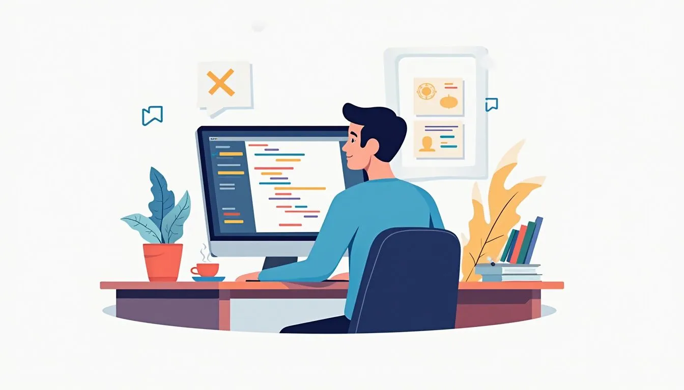 A technician focuses on a computer displaying a Python project folder. A technician focuses on a computer displaying a Python project folder.