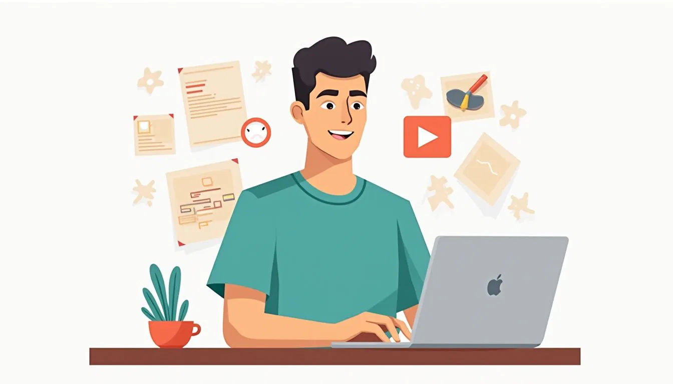 Flat illustration of a focused young man at a cluttered desk.