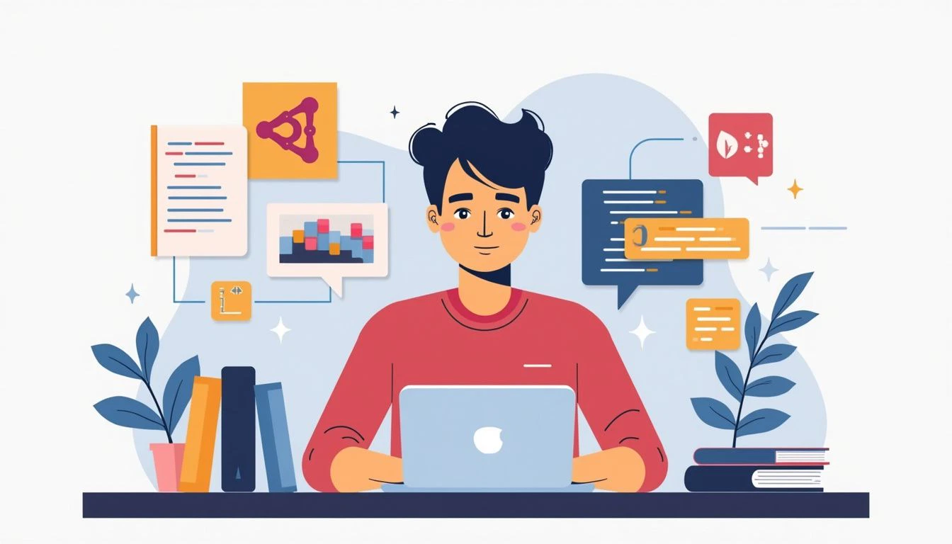 Young professional coding on a laptop in a modern workspace.