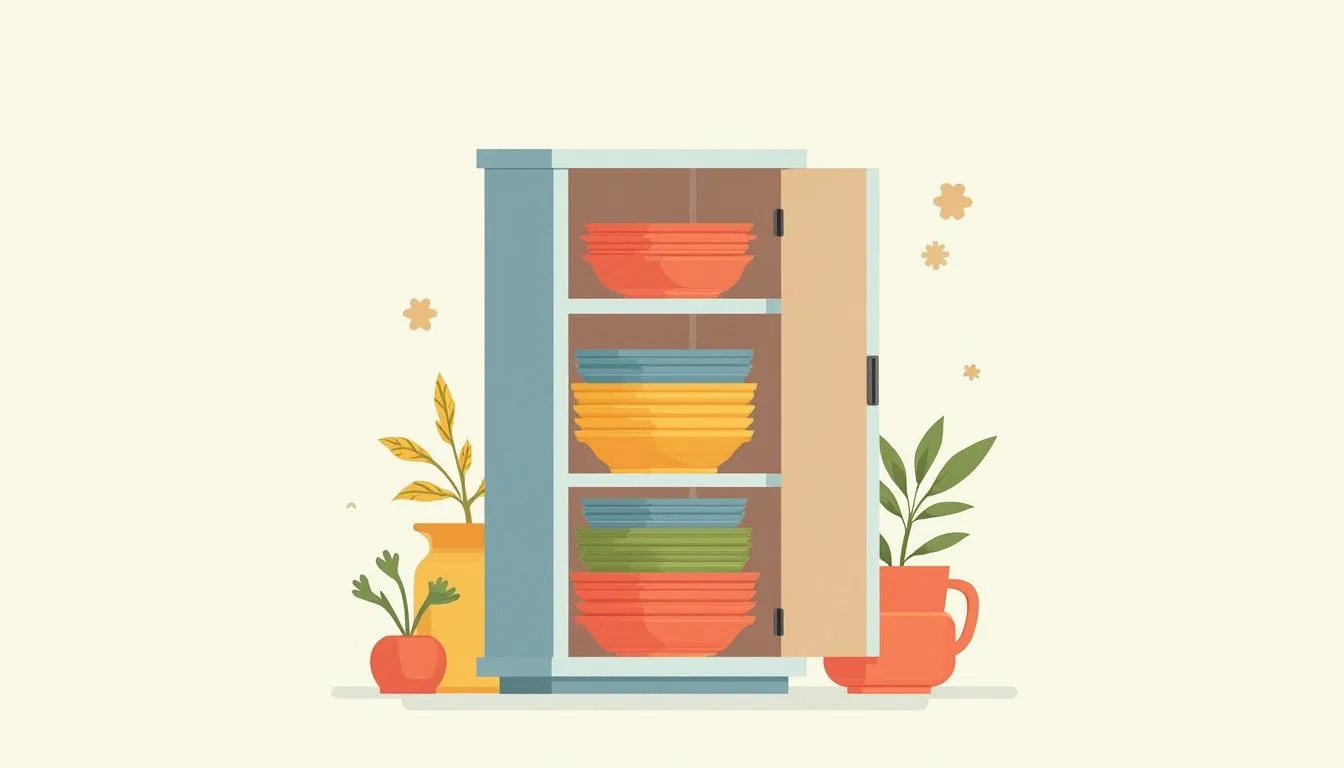 Minimalist kitchen cabinet with rainbow-patterned plates, centered on white background. Minimalist kitchen cabinet with rainbow-patterned plates, centered on white background.