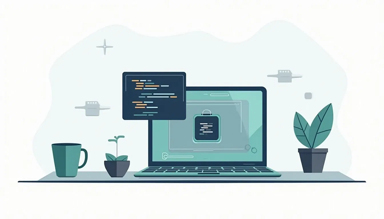 Minimalist flat illustration of a laptop, coffee mug, and potted plant. Minimalist flat illustration of a laptop, coffee mug, and potted plant.