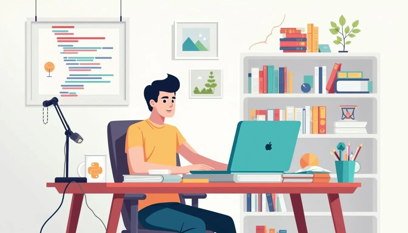 A busy individual at a cluttered desk in a minimalist room.